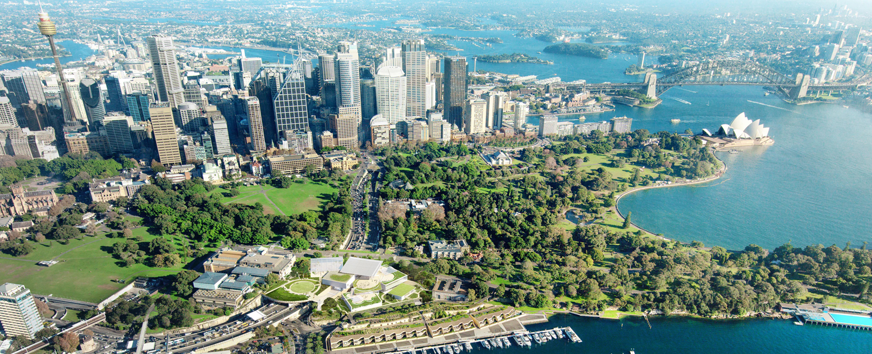 AGNSW aerial view overlooking Sydney Harbour