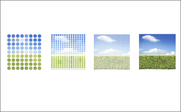 Four examples of increasing dots per inch pixel clusters representing resolution of increasing density and clarity depicting a blue sky, white clouds and a green hedge