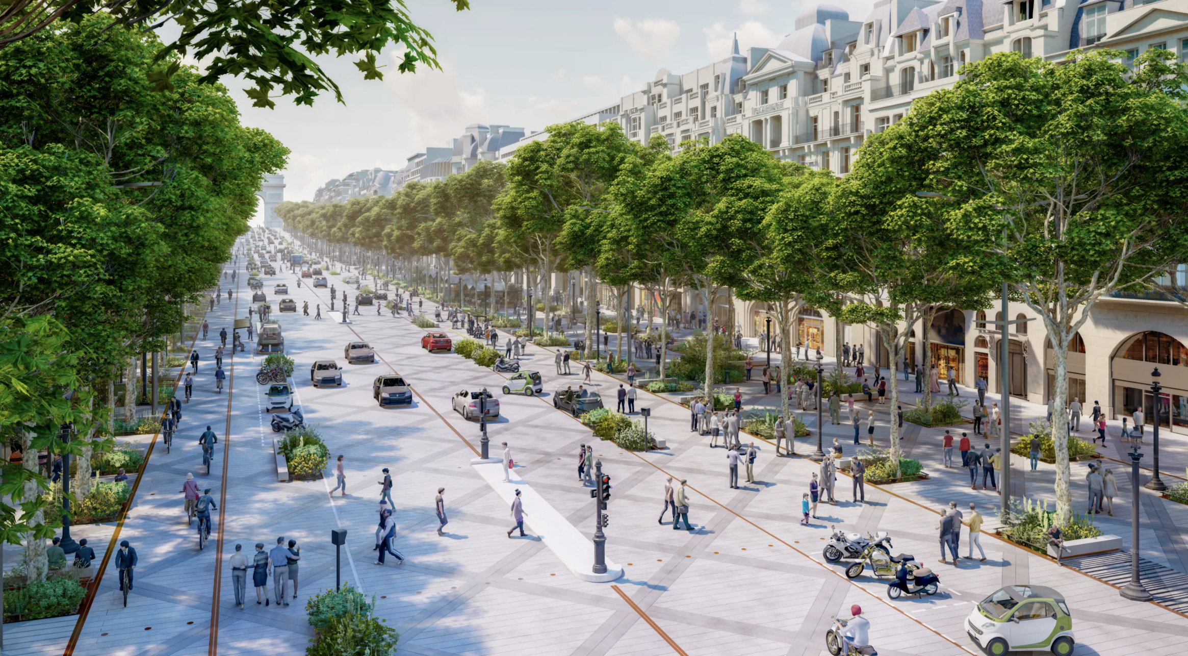 Artists impresssion of the Champs-Élysées with additional planting and green space