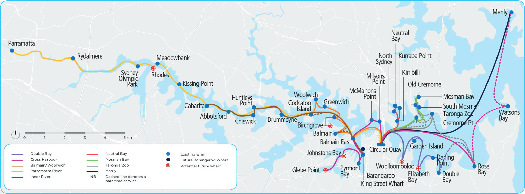 Potential future stopping pattern and new wharves for Sydney Ferries