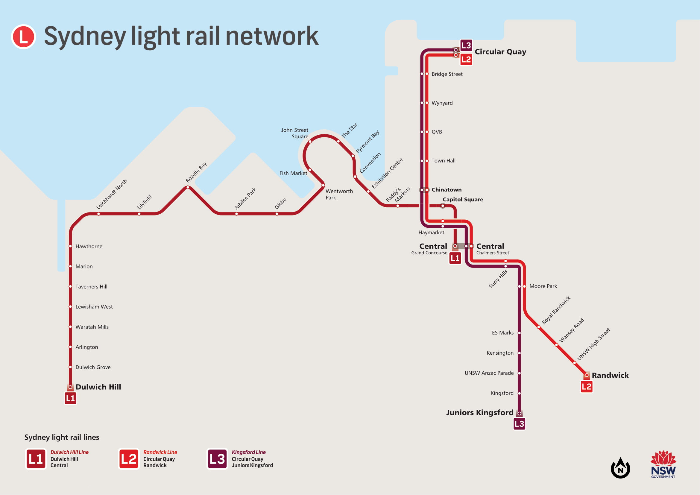 Sydney Light Rail Network with newly opened South East Line