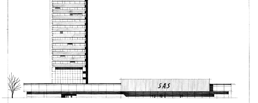 Sketch showing the structure and design of the hotel tower and lower building in historic Copenhagen, Denmark. The hotel was designed by Danish architect and designer Arne Jacobsen for the airline Scandinavian Airlines System (SAS). It was opened on July 1, 1960 by King Frederick IX and Queen Ingrid as the Royal Hotel