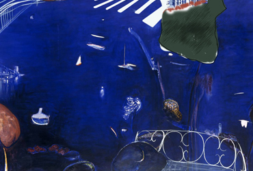 Modern take on The Balcony by Brett Whiteley (1975) in the Surrealism style showing Sydney Harbour views in the 1970s but with the inclusion of the newly formed Barangaroo headland